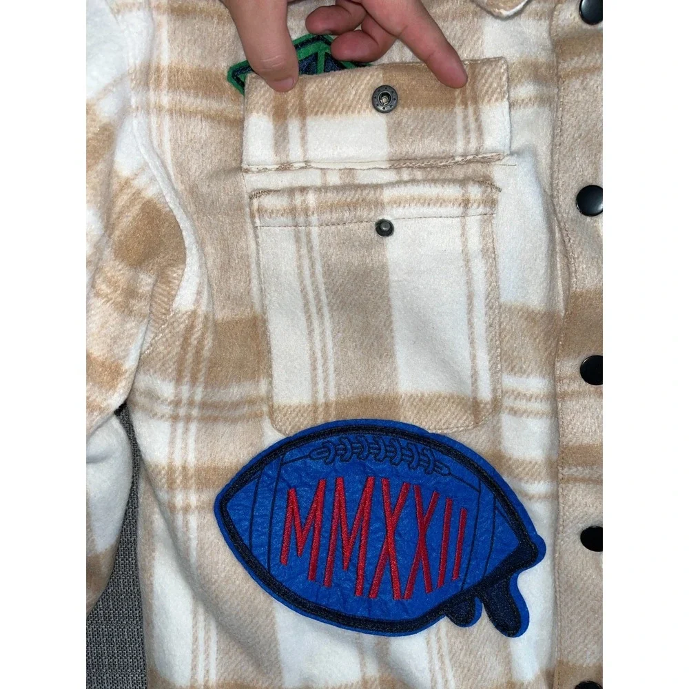 First Row Padding Shacket Mens Large Beige White Check Multi‎ Patches Wool Lined